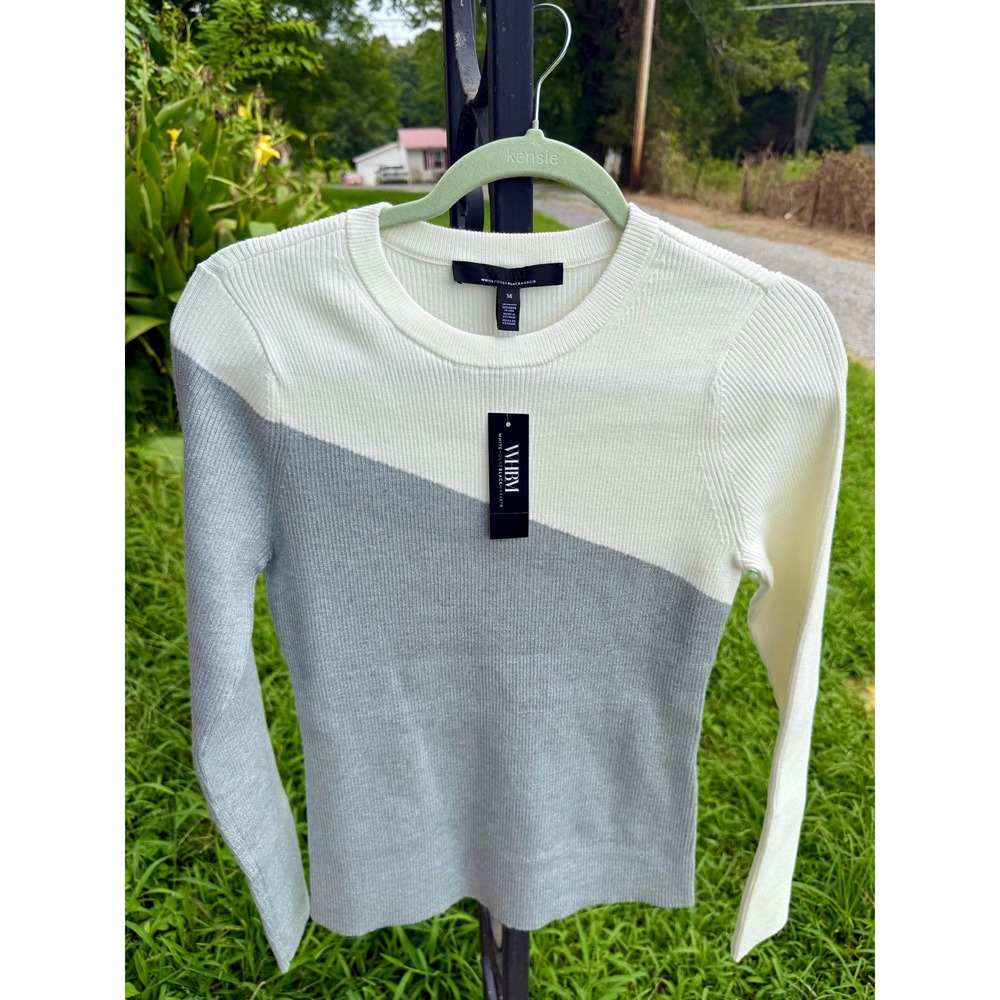 White House Black Market Colorblock Ribbed Knit Sweater Cream Grey Womens Medium